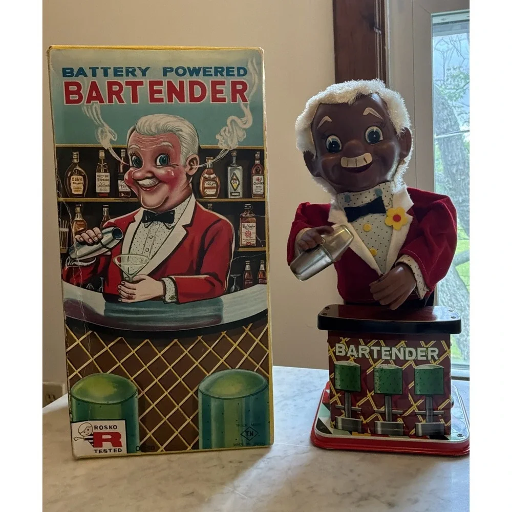 VTG African-American Rosco Bartender Charlie Weaver  Battery Powered Tin Japan